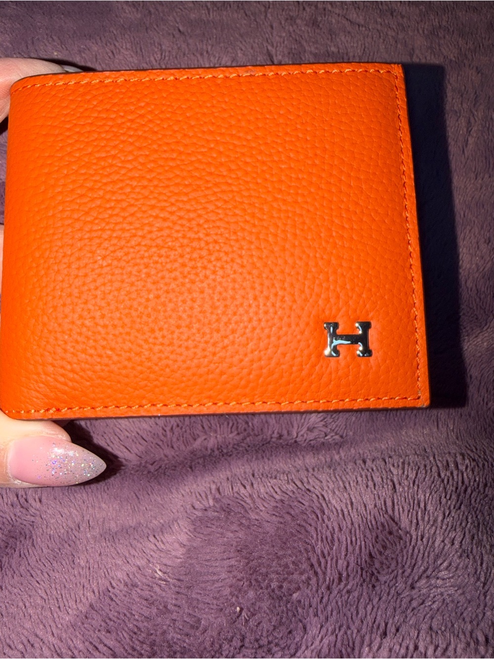 Hermes Orange Pebbled Leather Bi-Fold Wallet with Silver H